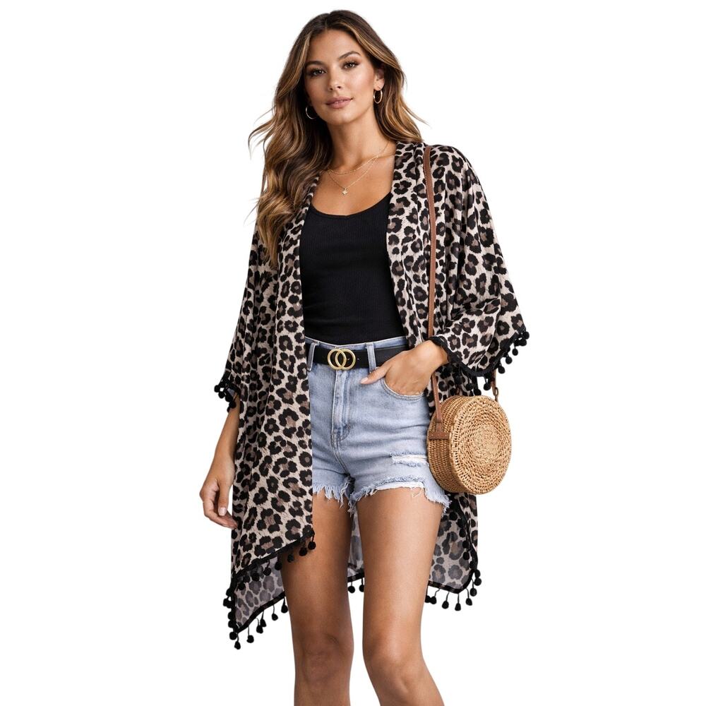 Gianni Bini Leopard Print Kimono Tassel Trim Women’s Medium